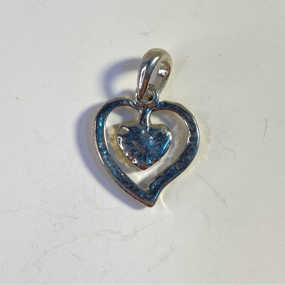 Vintage Silver Tone Rhinestone Double Heart Pendant - Picture 2 of 5